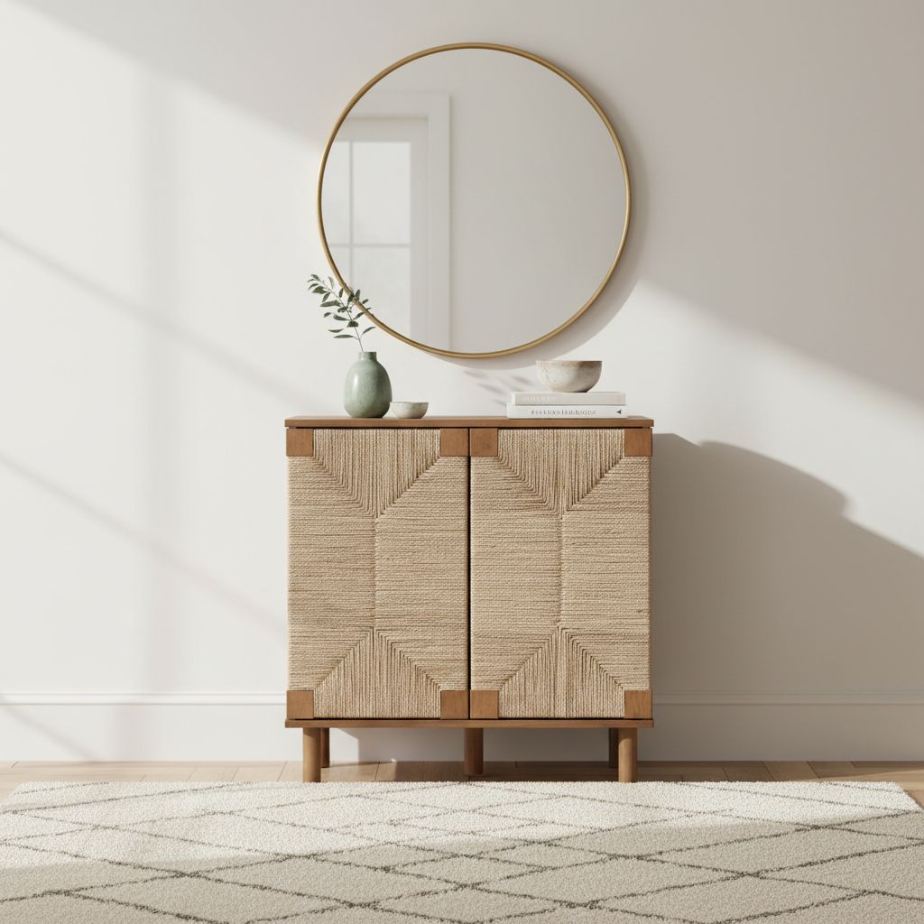 Rustic Wood & Seagrass Storage Cabinet