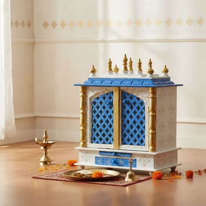 Wooden Wall Hanging Hand Painted Pooja Mandir for Home of Mango Wood