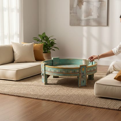BAANMATA INTERNATIONAL Handicraft Home-Living Chakki Table,Beautiful Painted Wooden Grinder-Table,Round Coffee Table Cum Lamp-Holder Table,Multipurpose Table for Office/Home