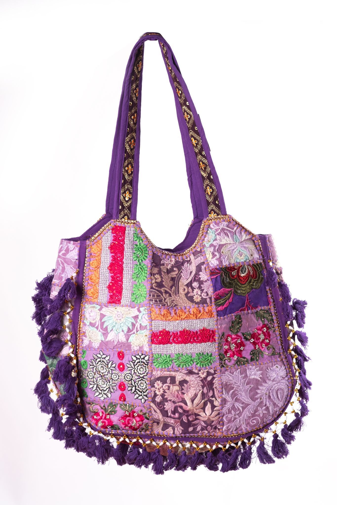 Rajasthani Patchwork Tote Bag, Handcrafted Purple Boho Chic-Cross Body Hand Bag For Women