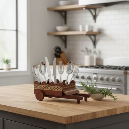 Wooden Spoon Cutlery Brown Brass Fitting Cart Shape Rack Stand