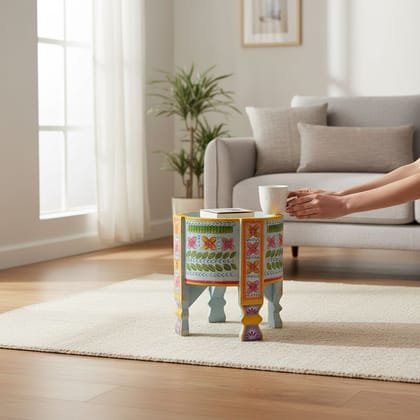 Wooden Painted Table | Handicraft Carved Chakki Table