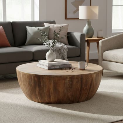 Wooden Round Drum Coffee Table-End Table