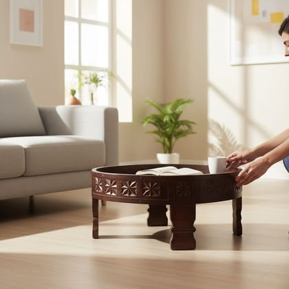 BAANMATA INTERNATIONAL Drawing-Room Decors Handicraft Natural-Brown Coffee Table,Wooden Carved Grinder Table,Multipurpose Chakki Table for Home/Office