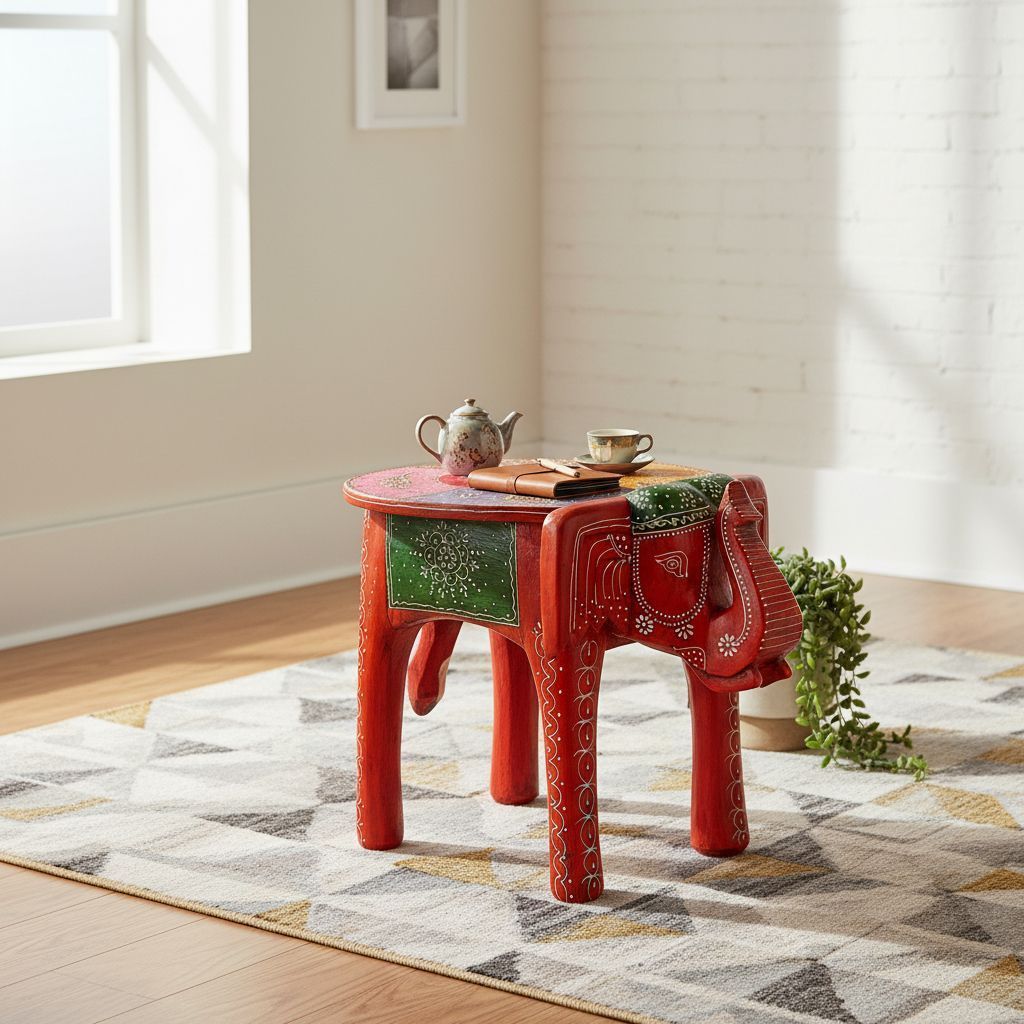 BAANMATA INTERNATIONAL Handicraft Drawing-Room Decors Coffee Table,Beautiful Painted Wooden Lamp Table Cum Cocktail Table,Home Living Showpiece Elephant Table