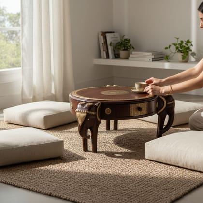 Wood Brass Elephant Side Chowki Table Desk-Side Desk Table