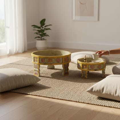 BAANMATA INTERNATIONAL Handicraft Blue-Background Chakki Table,Painted Wooden Grinder Table,Home Decors Lampholder-Table,Showpiece Coffee Table Cum Cocktail Table in Set of 2