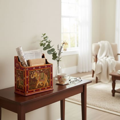 Hand Painted Solid Wood Newspaper Holder | Storage Furniture | Multicolor | 34 x16 x 39 cm