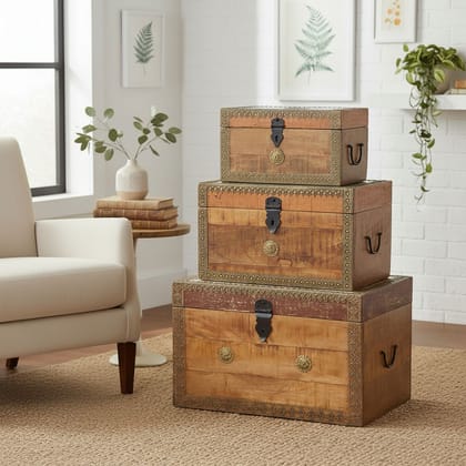 Wooden Trunk Box Storage Set of 3-Central Coffee Table
