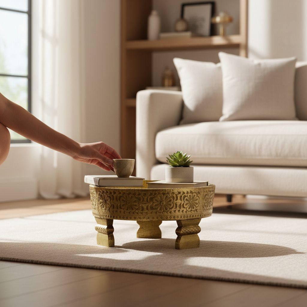 VMAntique Decor Handicraft Chakki Table, Bedroom Decors Lamp-Table, Brass Embossed Wooden Grinder Table, Coffee Table Cum Cocktail Table