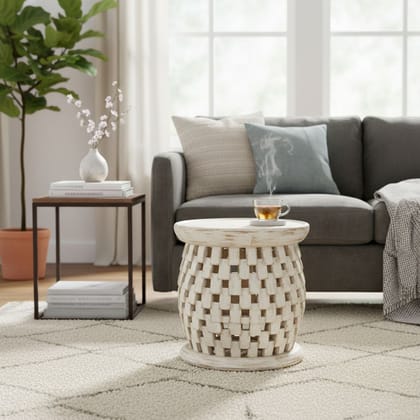 Wooden Round Side Table Vintage Distressed Side Table | Home Furniture