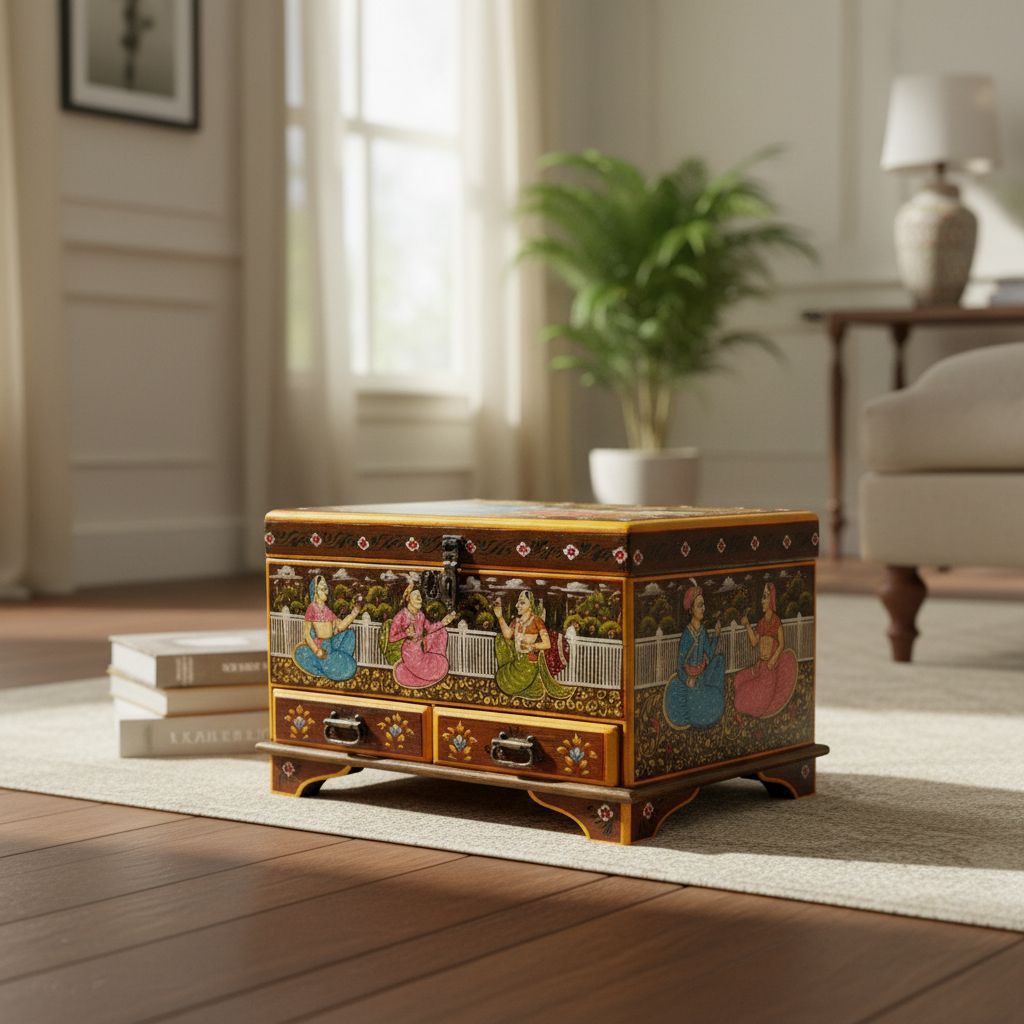Handicraft Storage Box, Jewelry Organizer Wooden Box, Luxury Rajasthani Fine-Art Painted Dowry Box, Home Living Furniture Box