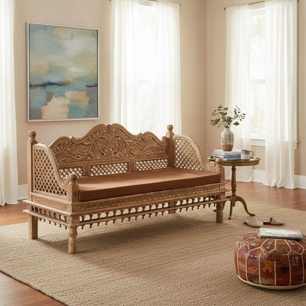 Hand-Carved Solid Wood 3-Seater Bench Sofa