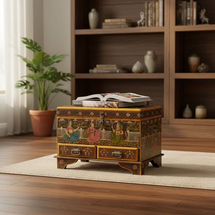 Handicraft Storage Box, Jewelry Organizer Wooden Box, Luxury Rajasthani Fine-Art Painted Dowry Box, Home Living Furniture Box
