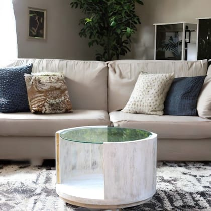 Wooden Round Drum Glass Coffee Table-Side Table Furniture