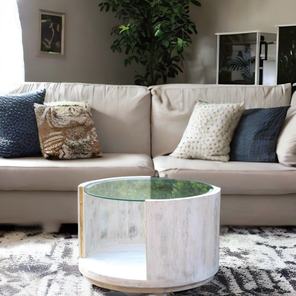 Wooden Round Drum Glass Coffee Table-Side Table Furniture