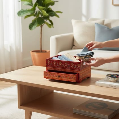 BAANMATA INTERNATIONAL Handicraft Jewelry Organizer-Desk,Wooden Painted Cosmetics Storage-Desk,Home Living Multipurpose-Desk for Ladies