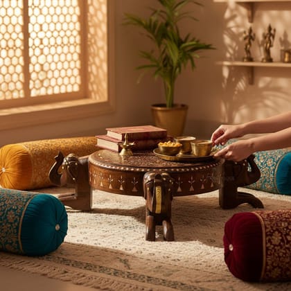 Beautiful Handmade Bone Inlay Elephant Chowki Table | Side Coffee Table