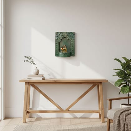 VMAntique Decor Handicraft Carved Pooja-Stand Jharokha, Wall Hanging God-Statue Stand,Wooden Wall-Jharokha In Green-Background, Pooja-Room Decors Jharokha