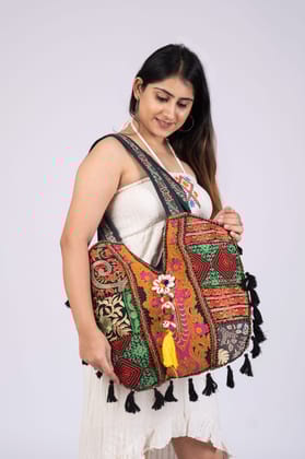 Bohemian Embroidered Tote Shoulder Bag with Tassels, Handmade Ethnic For Women