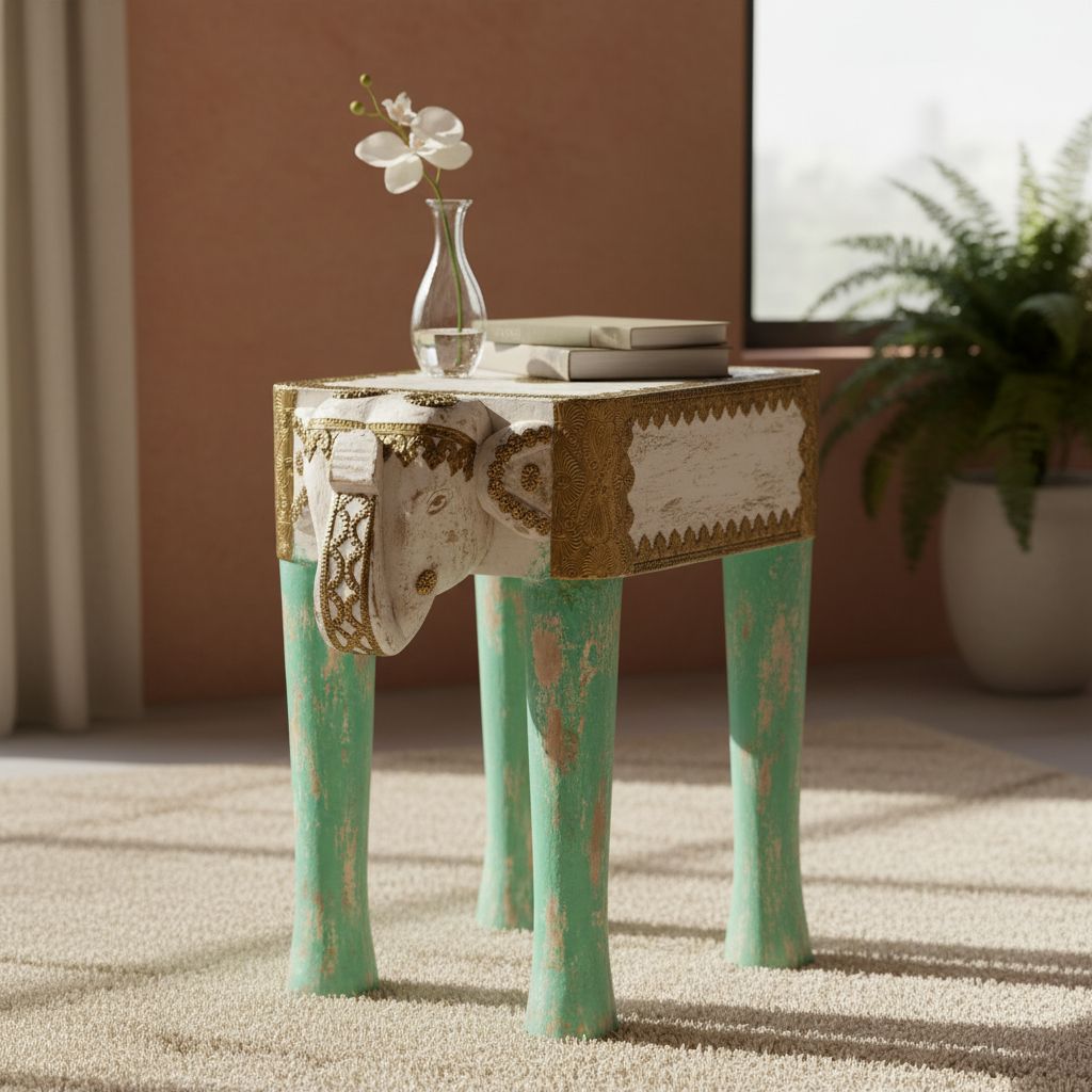 BAANMATA INTERNATIONAL Handicraft Distressed Coffee Table,Brass Embossed Wooden Cocktail Table,Home Decors Lamp-Table,Showpiece Elephant-Table
