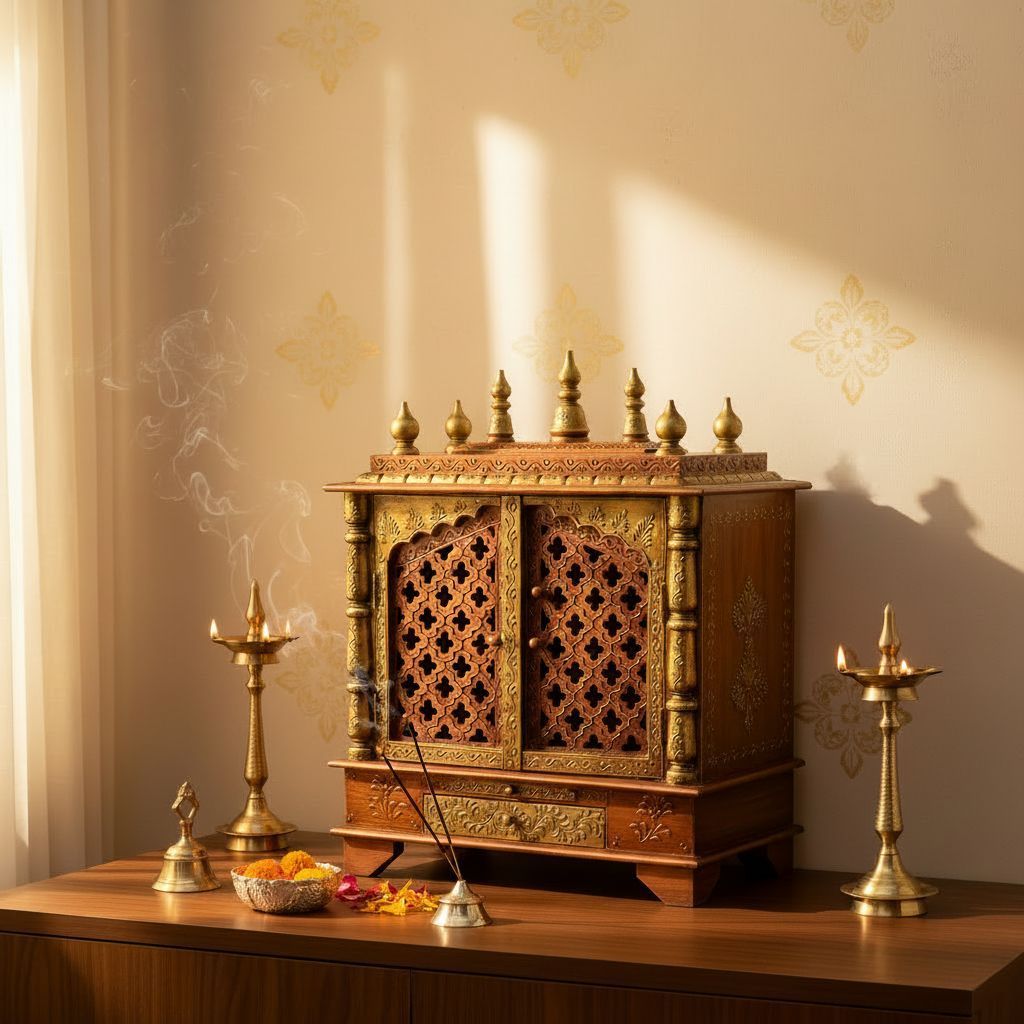 Handicraft Golden Wall-Temple, Wooden Drawer-Temple, Carved Gumbad Pooja Temple, Wall Hanging Office-Home Temple