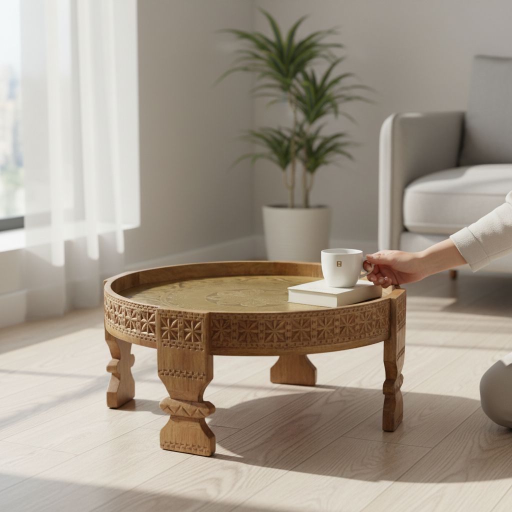 BAANMATA INTERNATIONAL Drawing-Room Decors Brass Embossed Handicraft Round Coffee Table Cum Gathering-Table,Wooden Carved Lamp-Table,Multipurpose Showpiece Chakki-Table for Home/Office