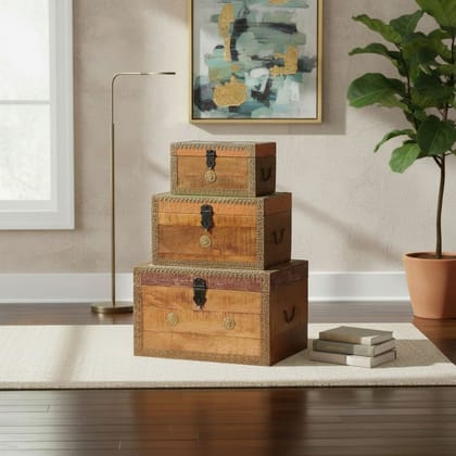 Wooden Trunk Box Storage Set of 3-Central Coffee Table