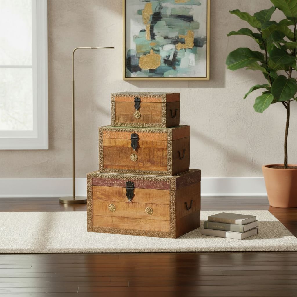 Wooden Trunk Box Storage Set of 3-Central Coffee Table