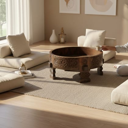 BAANMATA INTERNATIONAL Handicraft Round Coffee-Table Cum Fruits Storage-Bowl,Wooden Carved Moon Table,Home-Living Multipurpose Showpiece Chakki-Table