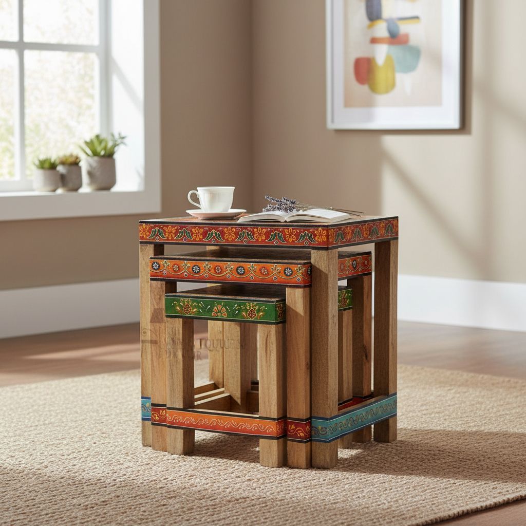Handicraft Wooden Nesting Stool, Side Coffee Table