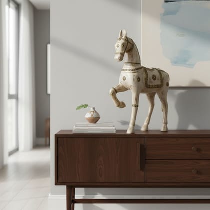 Handicraft Showpiece Horse-Statue, Brass-Embossed Table Decors Horse Figurine,Wooden Distressed White Horse Idol|Home Decor| 48x12x46 cm