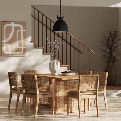 Woven Faux Leather & Rattan Dining Set with 6 Chairs
