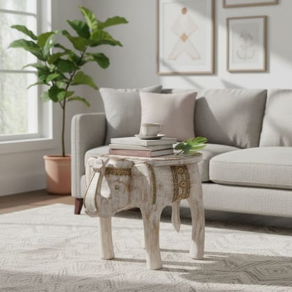 BAANMATA INTERNATIONAL Handicraft Showpiece Elephant Table,Wooden Distressed White Coffee Table Cum Coctail Table, Home Decors Lamp-Table