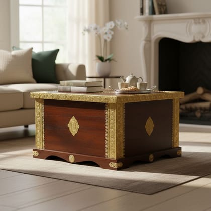 Wooden Brass Fiting Central Trunk Storage Table Box-BedSide Living Room Box