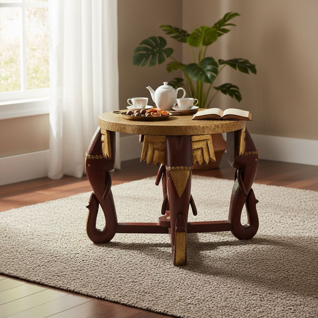 VMAntique Decor Handicraft Drawing-Room Elephant Coffee-Table,Brass-Embossed Wooden Lamp-Table Cum Party-Table,Home Living Furniture Bedside-Table