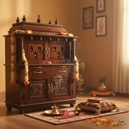 Wooden Carved Temple-Pooja Mandir Self With Bells Desk Home Mandir