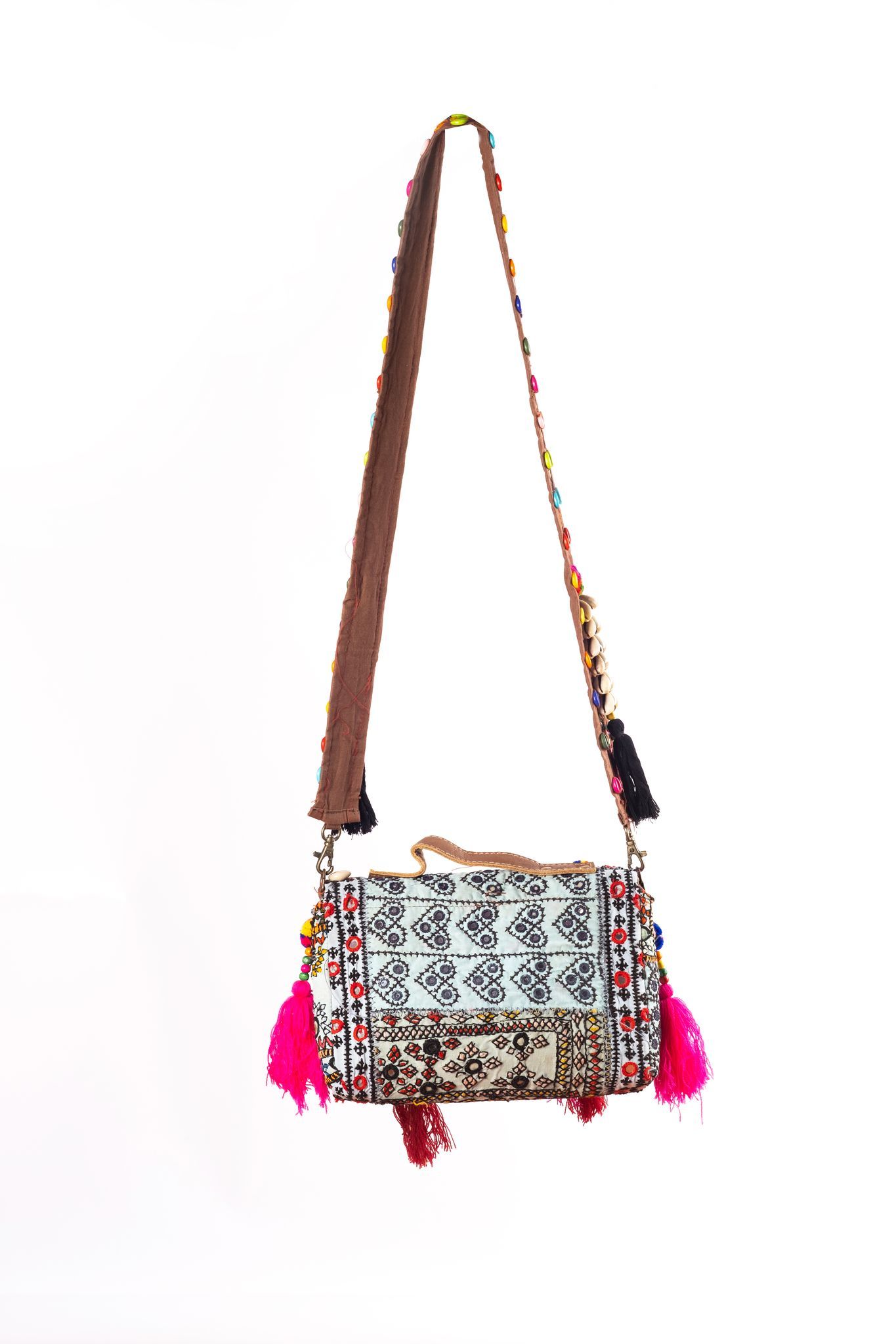 Handmade Embroidered Mini Sling Bag with Tassels, Boho Chic Small Shoulder Bag