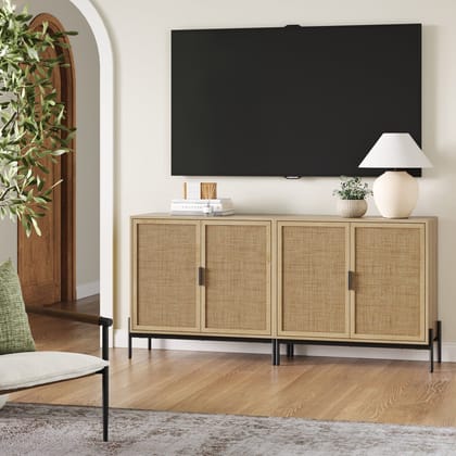 Wood Rattan TV Console Table-Storage Sideboard
