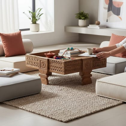 BAANMATA INTERNATIONAL Handicraft Coffee Table Cum Moon Table,Wooden Luxurious Carved Gathering-Table,Multipurpose Chakki-Table for Home/Office