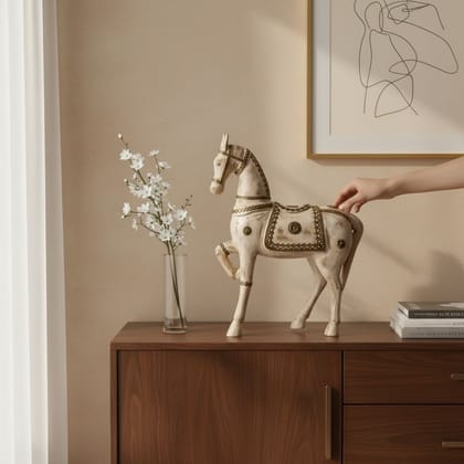Handicraft Showpiece Horse-Statue, Brass-Embossed Table Decors Horse Figurine,Wooden Distressed White Horse Idol|Home Decor| 48x12x46 cm
