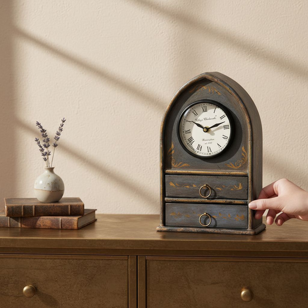 VMAntique Decor Handicraft Showpiece Table-Clock, Wooden Floral Painted Drawer-Clock,Gift Item Table-Clock, Study-Office-Drawing Room Decors Table-Clock