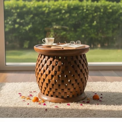 Wood Carved Round Bedside Table-Central Table