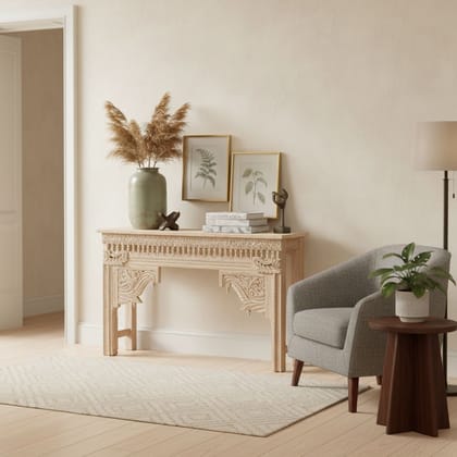 Hand-Carved White Wash Console Table
