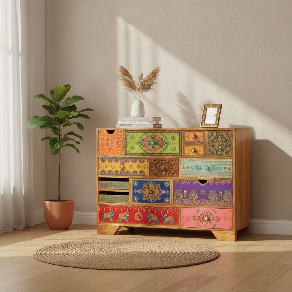 Hand-Painted Wooden Chest of Drawers Cabinet