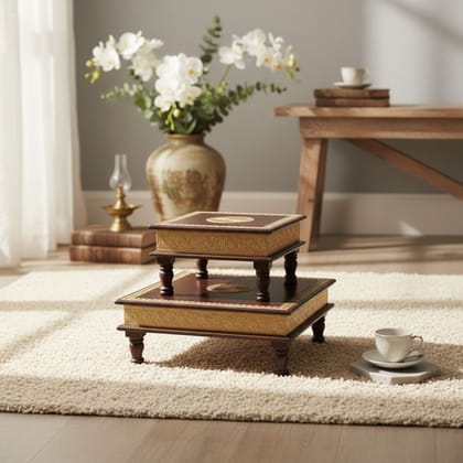 Wooden Handmade Indian Side Table | Pooja Chowki Stool setof2