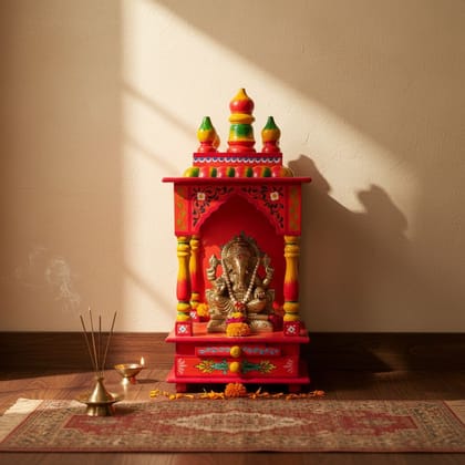 Red-Yellow Hand-Painted Mandir in Living Room | Devi-Devta Temple
