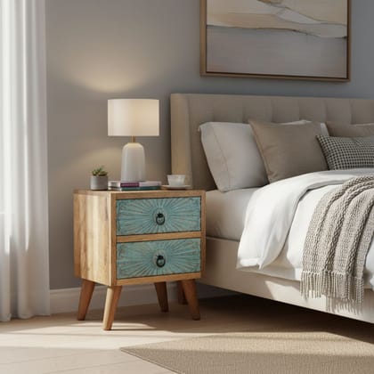 Hand-Carved Bedside Table with 2 Storage Drawers – Boho Finish