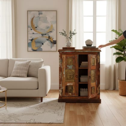 Wooden Cupboard Table Home Living Cabinet, Handicarft Storage Side-board, Distressed Table With Budhha Statue