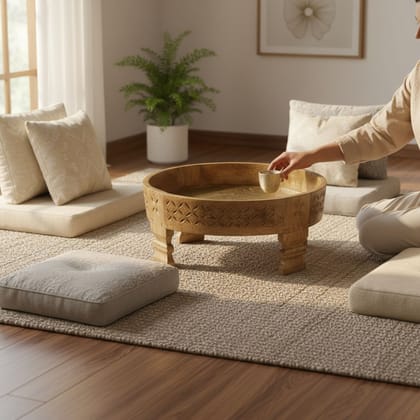 VMAntique Decor Wooden Natural Brown Chakki Table, Handicraft Carved Grinder Table, Coffee Table Cum Cocktail Table,Indoor Lamp-Table45 x 45 x 20 cm